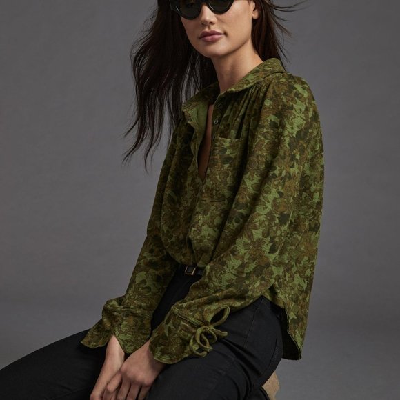 Anthropologie Tops - Anthropologie Pilcro Puff-Sleeve Blouse Top in Green Motif NWT